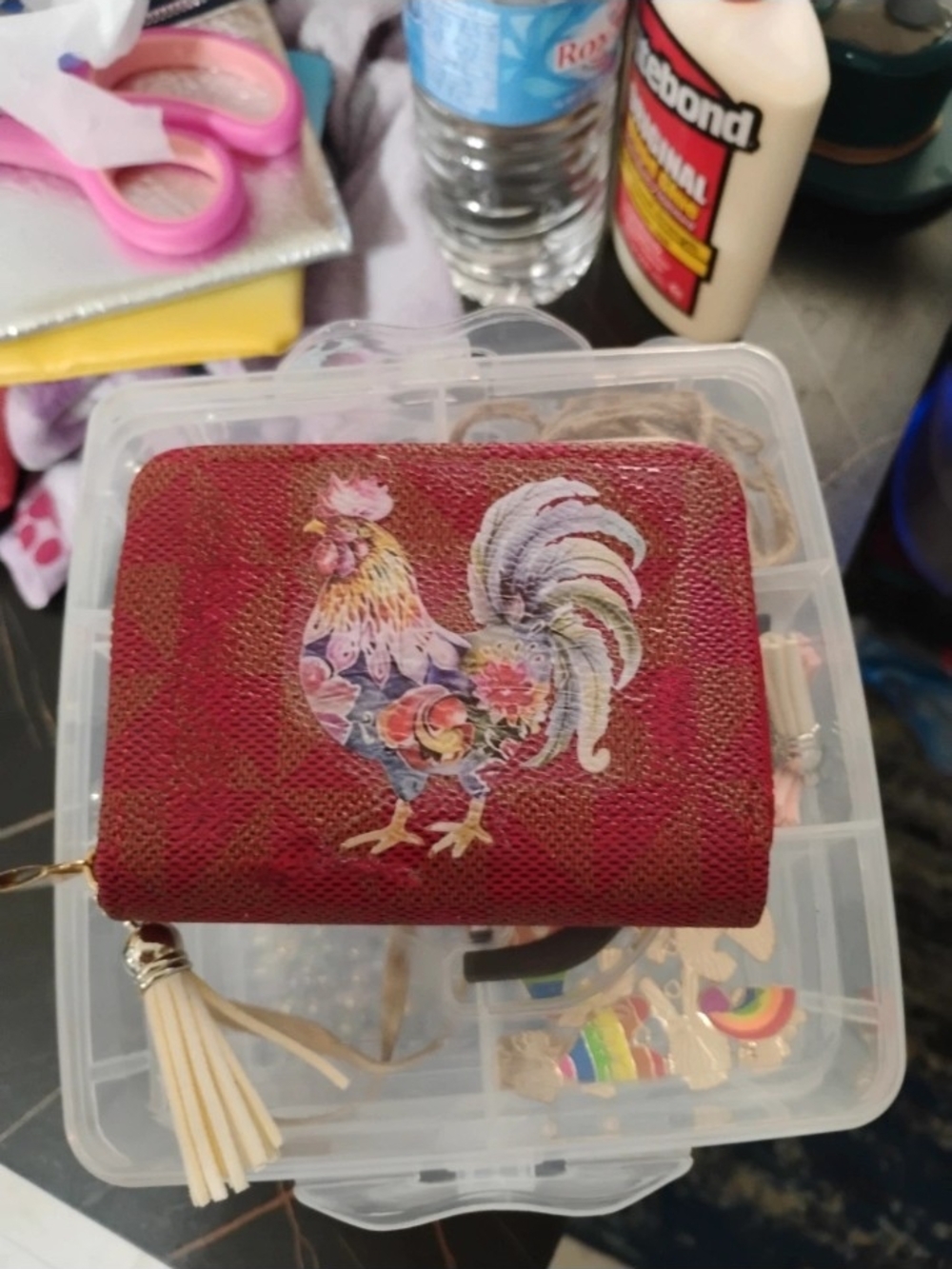 Red Floral Rooster Zip Card Holder Wallet with Tassel
